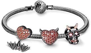 GNOCE Black Charm Bracelet for Women Men 925 Sterling Silver Snake Chain Bracelet with Skull Heart Bat Charm Bead Basic Charm Bangle with Clasp