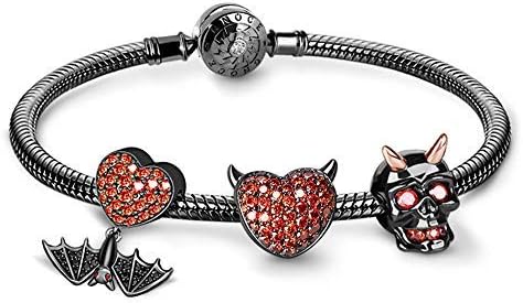 GNOCE Black Charm Bracelet for Women Men 925 Sterling Silver Snake Chain Bracelet with Skull Heart Bat Charm Bead Basic Charm Bangle with Clasp