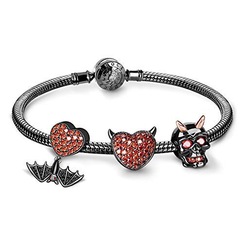 GNOCE Black Charm Bracelet for Women Men 925 Sterling Silver Snake Chain Bracelet with Skull Heart Bat Charm Bead Basic Charm Bangle with Clasp