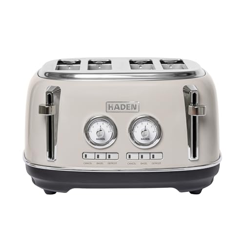 Haden Dorset 4-Slice Wide-Slot Toaster, Stainless-Steel Bread Toaster with Adjustable Browning Control, Crumb Tray & Non-Slip Feet, Putty & Chrome