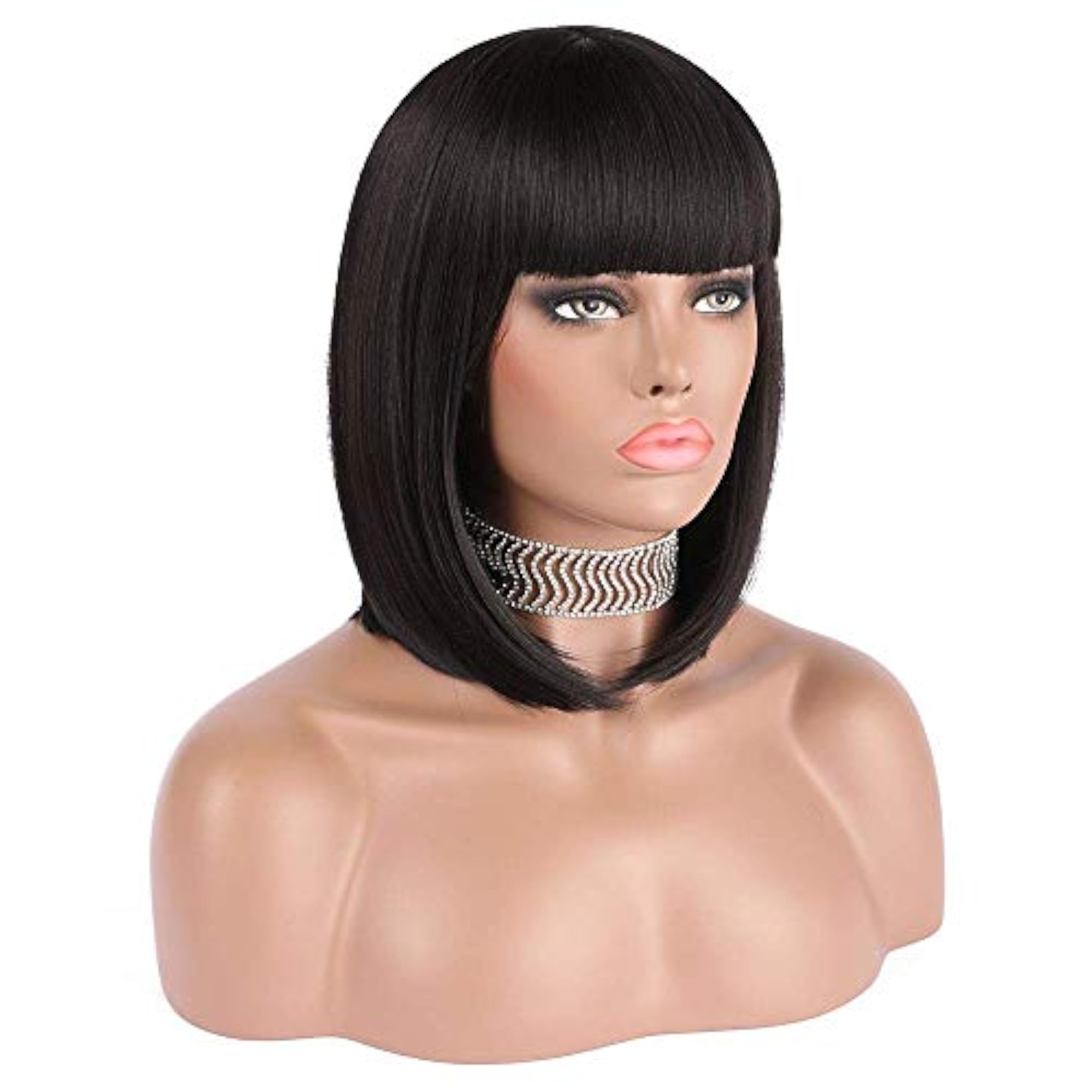 Women's Short Bob Synthetic Wig with Flat Bangs