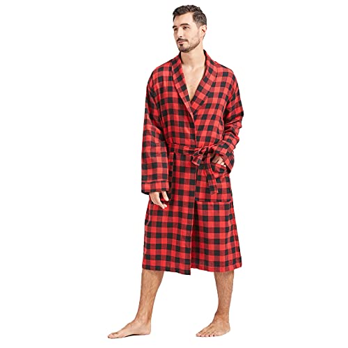 Image of FashGudim Mens Buffalo Plaid Cotton Robe Lightweight Bathrobe Shawl Collar Kimono Sleepwear Loungewear House Robes