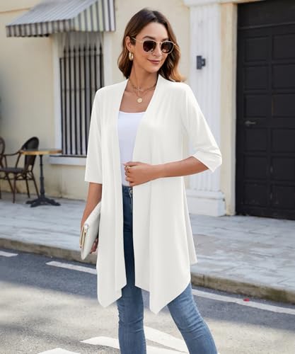 Women's Open Front Cardigan Lightweight Soft Knit 3/4 Sleeve High-Low Draped Hem Loose Casual Duster(White, XX-Large)2