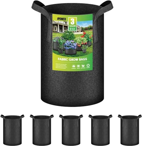 iPower 3 Gallon 5 Pack Grow Bags Nonwoven Fabric Pots Aeration Container with Strap Handles for Garden and Planting, 5-Pack Black, 3 Gallon