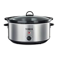 Tower Slow Cooker with 3 Heat Settings and Removable Dishwasher Safe Pot, Up to 8 Portions, 6.5 Litre, Stainless Steel, Silver, T16040Y