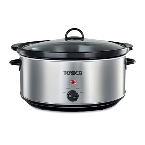 Tower Slow Cooker with 3 Heat Settings and Removable Dishwasher Safe Pot Up to 8 Portions 6.5 Litre Stainless Steel Silver T16040Y