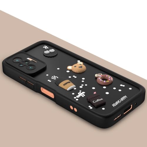 Image of Bintage Cute Fun Taddy Cartoon 3D Ball Bear Milk Donut Coffee Cup Silicon Case Full Body & Camera Protection Back Cover Compatible for MI REDMI Note 10 Pro - Black