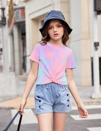 Image of Arshiner Girls Casual Tie Dye Short-Sleeve T-Shirt Cute Print Summer Blouse for Girls Twist Front Tunic Tee Tops