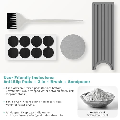 Diatomite Faucet Mat for Kitchen Sink with Raised Pads & Cleaning Brush, Super Absorbent Fast Drying Stone Sink Tray, Splash Guard Protector Mat for Bathroom Counter (Gray, 20" x 3.9") by Welebar - Image 4