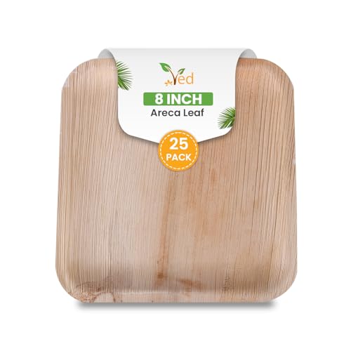 Ved 25 Disposable Eco-Friendly, Biodegradable Areca Leaf Plates 8" (20cm) Medium Square, Compostable, Durable, Oven Safe Bamboo Plates for Hot Food, Weddings, Picnics, and Parties