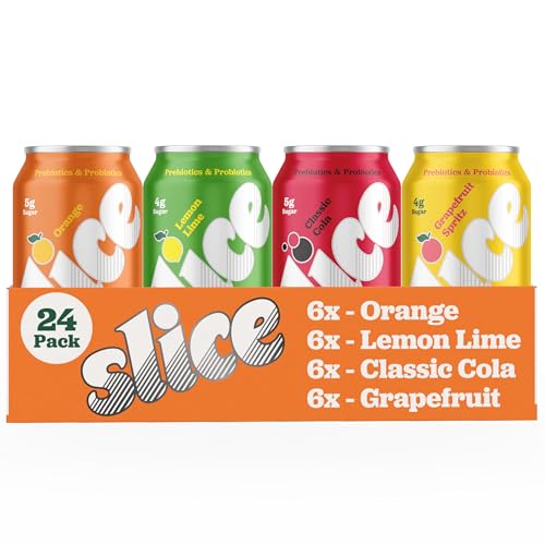 Image of Slice Healthy Soda, Sampler Variety Pack, Prebiotic & Probiotic Soda Pop, 5g Fiber, 35-40 calories, 12 fl oz 24 Pack (6 of each flavor)