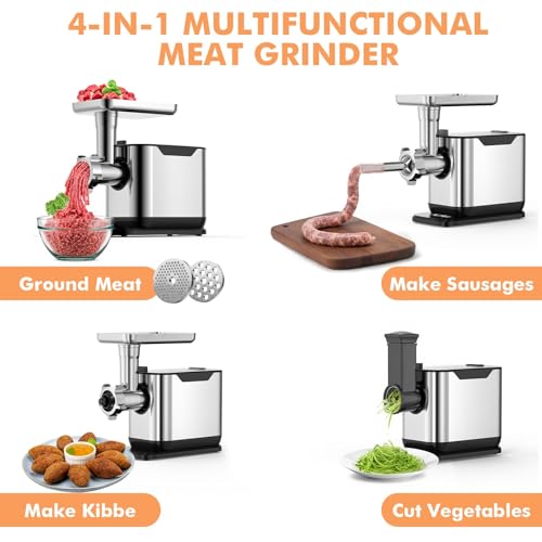 Image of Electric Meat Grinder, 3200W Max Heavy Duty Sausage Stuffer, Rotary Cheese Grater with 3 Interchangeable Blades, 2 Blades, 3 Plates, 4 Sausage Tube, Kibbe, Burger Press & Meat Claw for Home