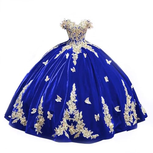 Ftupza Velvet Quinceanera Dresses with Gold Embroidery Applique Off Shoudler Butterfly Ball Gown for Sweet 15 16 Dresses