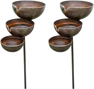 3 Tier Cascading Metal Bird Bath Garden Stake, Antique Bronze Rust Patina Weather Resistant Outdoor Bird Water Station, Forged Metal Wildlife Pollinator Water Bowl for Lawn Flower