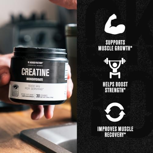 Image of Jacked Factory Creatine Monohydrate Powder 150g - 5g Daily Creatine Supplement for Men and Women, Vegan-Friendly, Third-Party Tested - 30 Servings, Unflavored (Pack of 2)