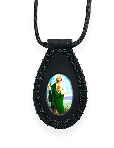 St Saint Jude Black Leather Scapular Necklace Escapulario San Judas Tadeo Collar Piel