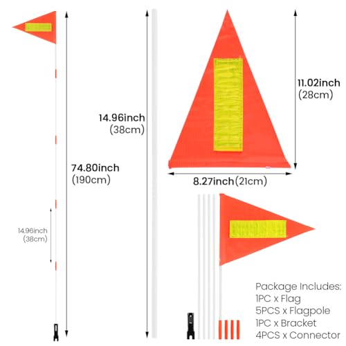 Bike Safety Flag with 5pcs Flagpole,Bicycle Flag with Reflective Stripe,6-Foot Adjustable Height Sturdy Fiberglass Tear-Resistant Waterproof Orange Safety Flag