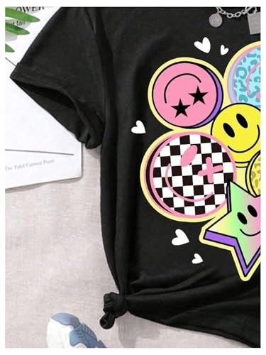 Image of Floerns Girl's Smiling Face Graphic Crew Neck T Shirt Short Sleeve Casual Cute Tee Top