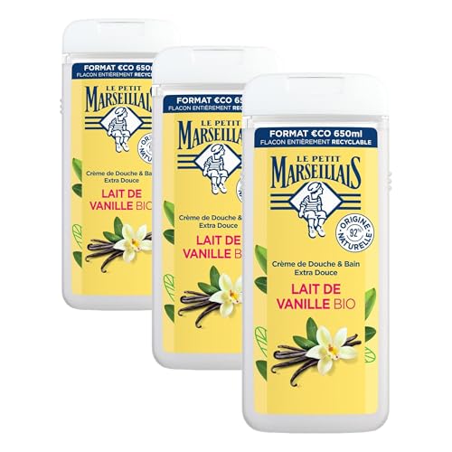 Le Petit Marseillais | Crème de Douche Extra Douce Lait de Vanille Bio (flacon de 650 ml) – Gel douche avec 92% d'ingrédients d'origine naturelle – pH...