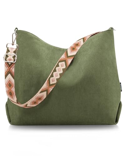 Prite Shopper Tasche Damen Groß Cord Tasche Tote Bag mit Verstellbarem Schultergurt für College Schule Arbeit Reisen Einkaufen(Grün)