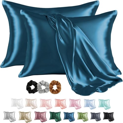 Image of SKVM Satin Silk Pillow Covers Set of 2 for Hair and Skin scrunchies Set for Women 3-Pieces Pillowcase Soft Breathable Smooth Sleeping Envelope Closure Cover Bed Anti Frizz 18 inchX 28 inch (2, Teal Blue)