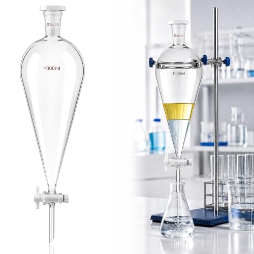 Image of Tellegloww 1000 ml Heavy Wall Conical Separating Funnel Borosilicate Glass | Separatory Funnel, 24 /40 Taper Joint, Ptfe Stopcock, Liquid Extraction, Essential Chemistry Lab Glassware