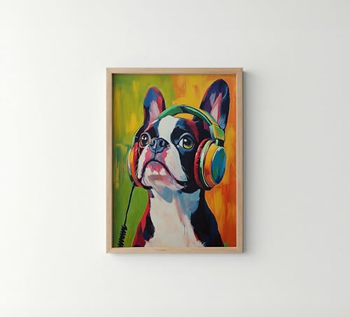 Image of Boston Terrier Music Headphone Wall Art Print Poster, Dog Pet Lover Picture Painting Artwork Bedroom Living Room Office Dining Room 150D (Boston Terrier Music Headphone, 11 inchW x 14 inchL, Wood Frame)