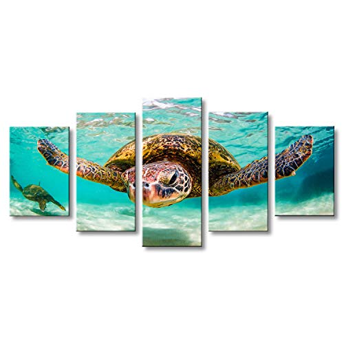 Arthome520 Blue Sea Ocean Wall Art Home Decor Green Aniaml Sea Turtle Canvas Print Picture For Lving Room Fashion Framed 5 Panel Modern Artwork (8''X12''X2+8''X16''X2+8''X20''X1) #TOP1