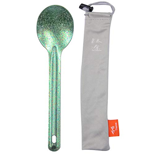 TiTo Bright Colorful Titanium Spork for Outdoor Camping Light Weight Titanium Spoon for Travel Home with Cloth Bag (Green Spoon)