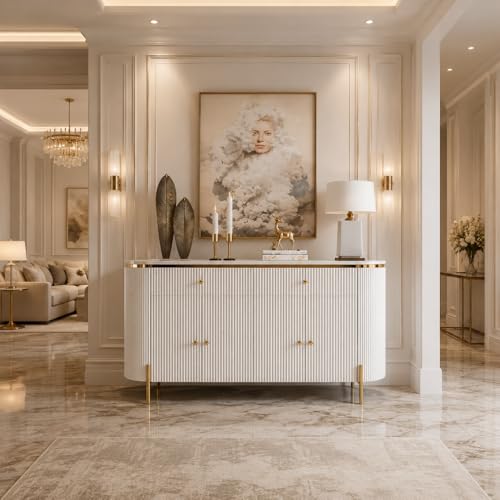 Image of Modern Console Table, 55 x 15 x 30 inch, White Ribbed Design, Marble Top, Gold Accents, 4-Door Storage Cabinet, Waterproof Plywood, PVD-Coated Legs, Elegant Entryway (White)
