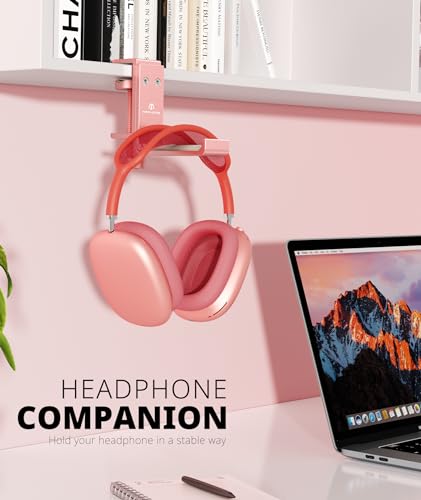 APPHOME Foldable Headphone Stand Hanger Holder, Space-Saving Aluminum Soundbar Stand with Universal Fit for Gaming PC Accessories, Under Desk Clamp Hook Mount (Pink-1PC) - Thumbnail 2