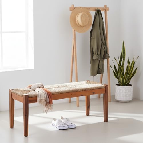 Image of Vintage Entryway Bench, 47 inch Acacia Wood Bench with Woven Seagrass Seat, Entryway Bench, Wicker Bench Indoor for Hallway, End of Bed, Rustic Farmhouse Boho Style, Indoor Decorative Bench (Brown)