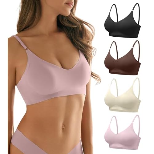 DEANGELMON V Neck Bra Padded Seamless Adjustable Straps Bralettes Everyday Basic Sleeping Bras Multiple Pack New Version-black,apricot,brown,violet Sm