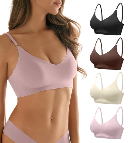 Image of DEANGELMON V Neck Bra Padded Seamless Adjustable Straps Bralettes Everyday Basic Sleeping Bras Multiple Pack
