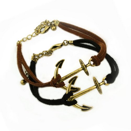 2pcs Vintage Anchor Bracelet Coffee Black Leather Rope Bangle Charms Punk Style