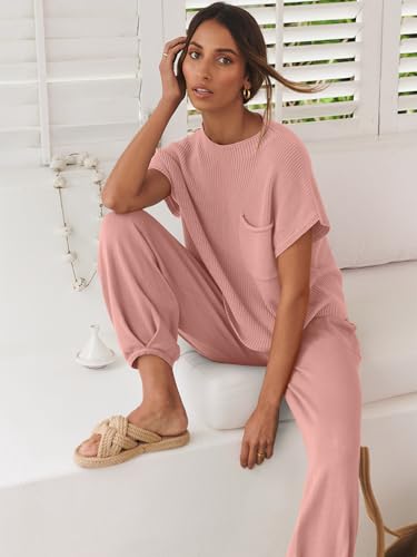 Image of ANRABESS Women's Two Piece Outfits Sweater Sets Knit Pullover Tops and High Waisted Pants Tracksuit Lounge Sets