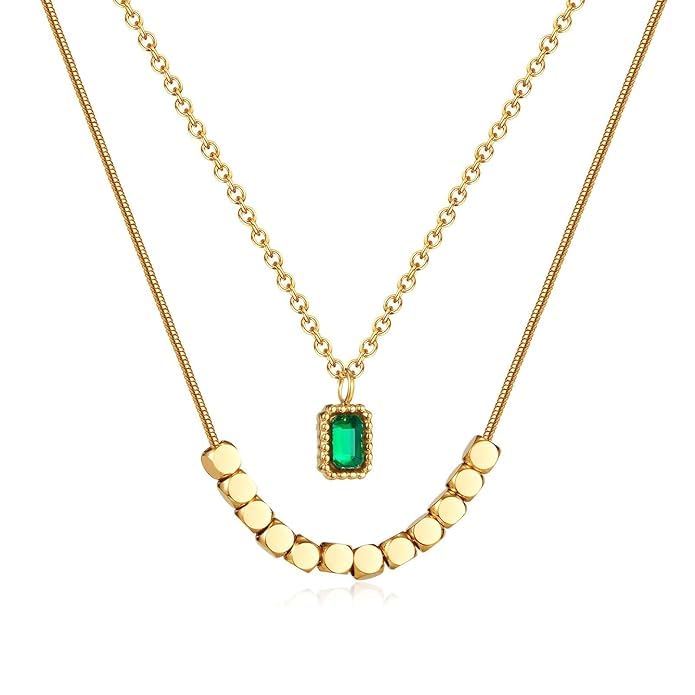 miami pendant necklace for women girls American diamond anti tarnish stainless steel green gold stylish Neck double Chain | Locket Design | Birthday Gift Aesthetic Jewellery | Accessories-picture-32
