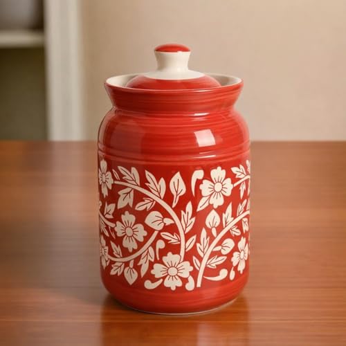 Image of Orange Floral Printed Ceramic Handglazed Pickle Jars Set of 1-1000 ML Each | 1 kg Achaar Martban Barni Jar with Lid | Ceramic Storage Jar Container Pickle /Achar, Chatney