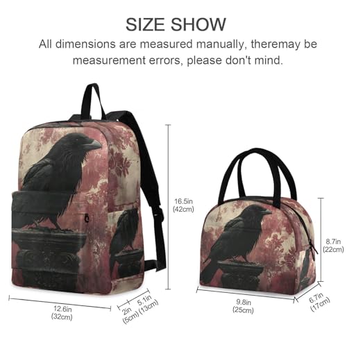 Elegant Crow Print Backpack Set with Lunch Bag, Large Capacity Travel Backpacks and Lunch Box Insulated for Commute Hiking Picnic2