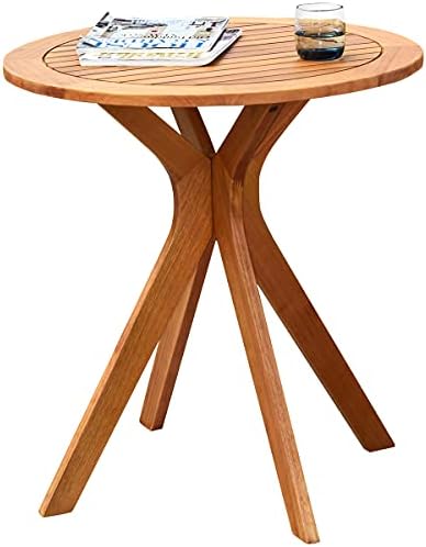 Hysache Patio Bistro Table, Wooden Round Table w/X Shape Base, Side Table for Indoor or Outdoor Use, Coffee Table for Patio, Garden, Backyard, Living Room, Teak