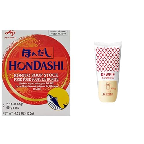Ajinomoto HONDASHI Bonito - Paquete de sopa japonesa Kewpie de 4.23 onzas y mayonesa japonesa Kewpie, auténticos esenciales de cocina japonesa