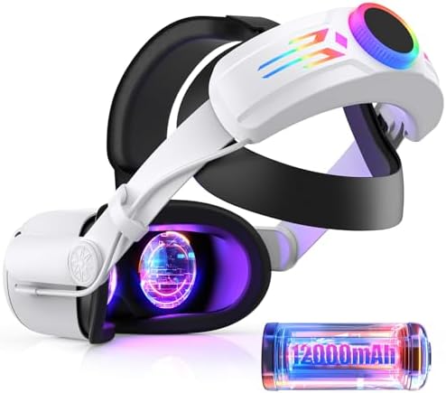 RGB Head Strap with 12000mAh Battery for Oculus Quest 2, Battery Pack for Extended 8 Hrs of Playtime, Fast Charging VR Power, Adjustable Elite Strap Enhanced Support and Balance for Meta Quest 2