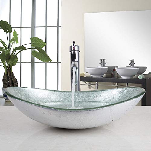 Yanksmark Silver Color Glass Wash Bowl Vessel Sink & Chrome Bathroom Faucet Finish Combo Set Come With Pop Up Drain