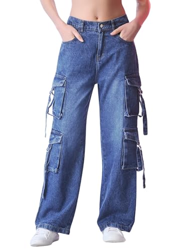 Image of Glossia Fashion Denim Blue Women Cargo Jeans | High Waist Stretchable Wide Leg Loose Fit Denim| Boyfriend Cargo Jeans for Women(WJ-1223)