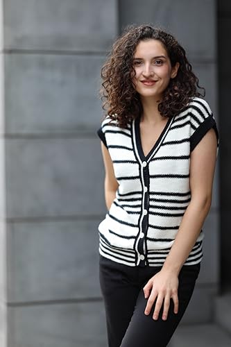 Dokotoo Sweater Vest Women Striped V Neck Button Vest for Women Vest Top Spring Cardigan Sweaters for Women 20253