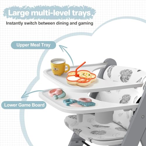Image of HOMEKOL Wooden High Chair with Tray, Adjustable and Convertible for Babies and Toddlers, Water-Resistant Natural Wood, Ergonomic High Chair Grows with Kids, Grey