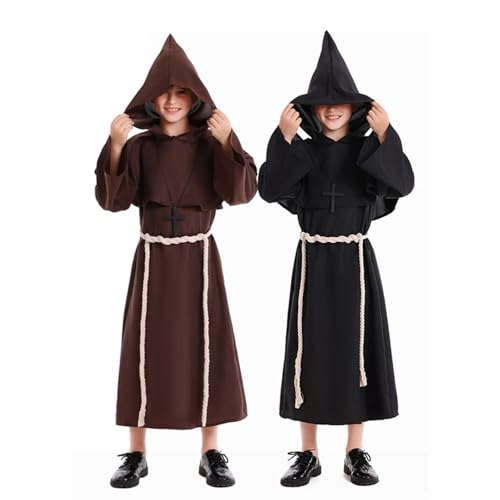 Monk Robe Medieval Friar Monk Priest 𝗛ooded Robe Cloak Halloween 𝗛ooded 4pcs 𝗨niform Monk Costume Cosplay Costume3