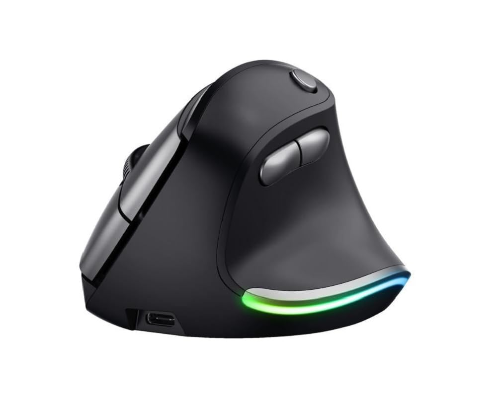 Trust Bayo Ratón Vertical Recargable con Diseño Sostenible, Reducir la Tensión en Muñecas y Brazos, 800-2400 dpi, 6 Botones, Ratón Inalámbrico Ergonómico para PC, Ordenador Portátil, Mac, Negro