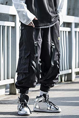 MOKEWEN Men's Multi Straps Cargo Pockets Streetwear Jogger Ankle Ninth Pants with Elastic Waist Drawstring2