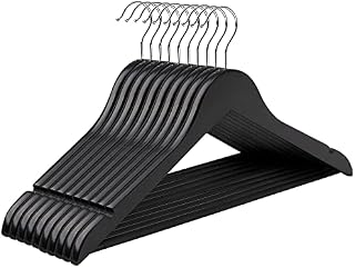 SONGMICS Wooden Hangers, Set of 10, Coat Hangers, Clothes Hangers, with Shoulder Notches, Anti-Slip Trousers Bar, 360° Swivel Hook, for Suits, Shirts, Coats, Black CRW02B10